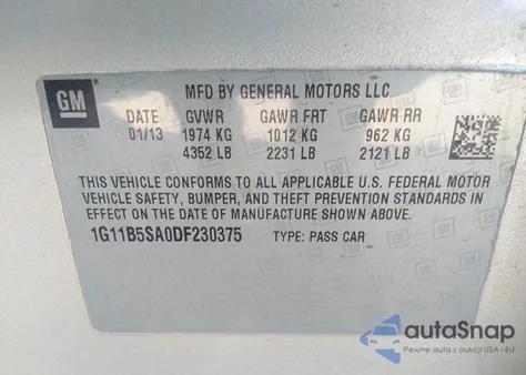 2013 Chevrolet Malibu 1Ls from USA, damaged, VIN 1G11B5SA0DF230375